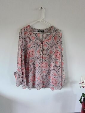 a.n.a Floral Sheer Henley Blouse Women’s 2X Boho Watercolor Flowy Top